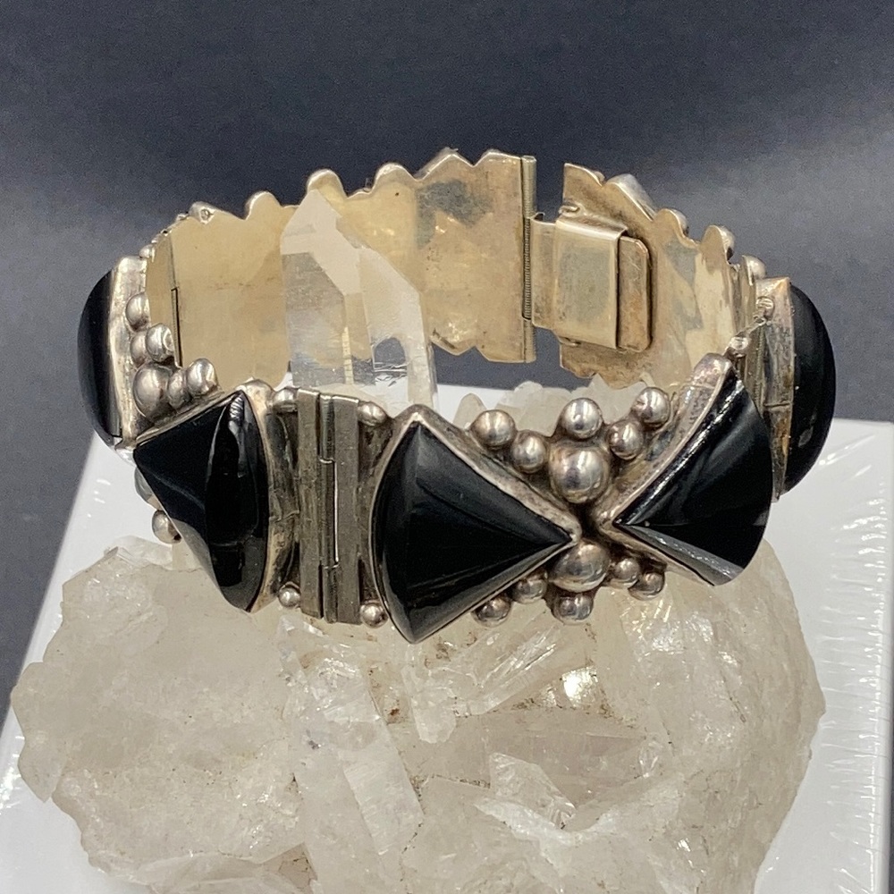 Vintage Mexico Sterling Silver Golden Sheen Obsidian Bracelet